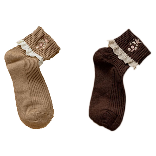 Calcetines con bordes de encaje para Mujer, medias con bordado de flores, Estilo Vintage, invierno, 2 pares: E 2Pair