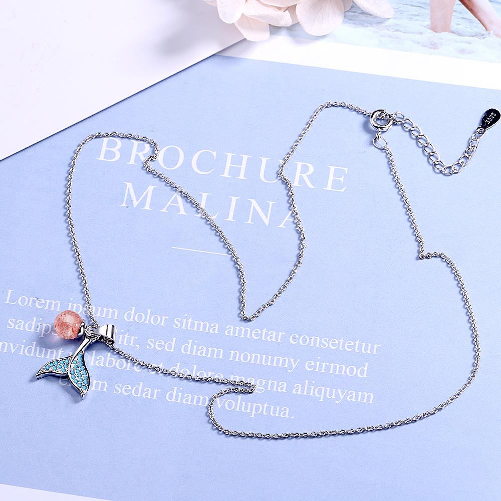 Simple Mermaid Fishtail Silver Color Necklaces with Natural Strawberry Crystal Cubic Zirconia Jewelry For Women S-N450