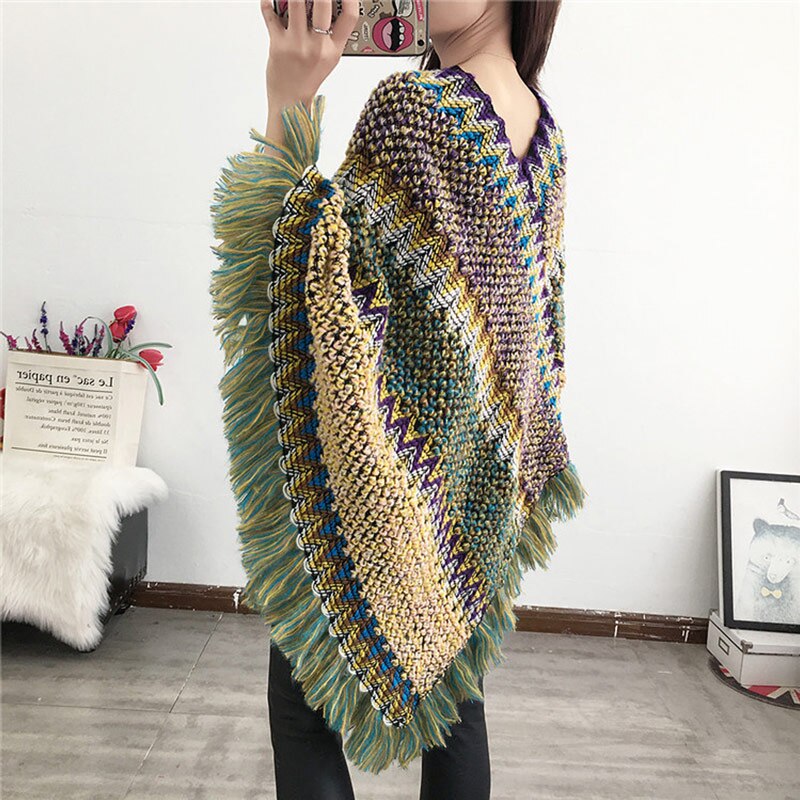 Poncho à Cape pour femmes, Cape à Cape, tricot doux, rayé, Chevron avec pompon, bohème, écharpe, hiver pour femme,