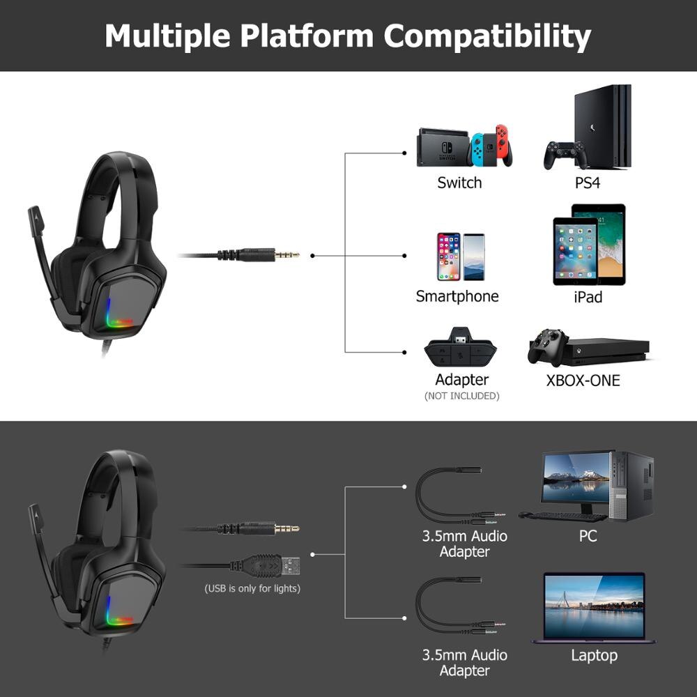 ONIKUMA K20 PS4 słuchawki słuchawki gamingowe 3.5mm komputer dla graczy Stereo gry słuchawki z mikrofonem/Led Light dla XBox One/Laptop Tab