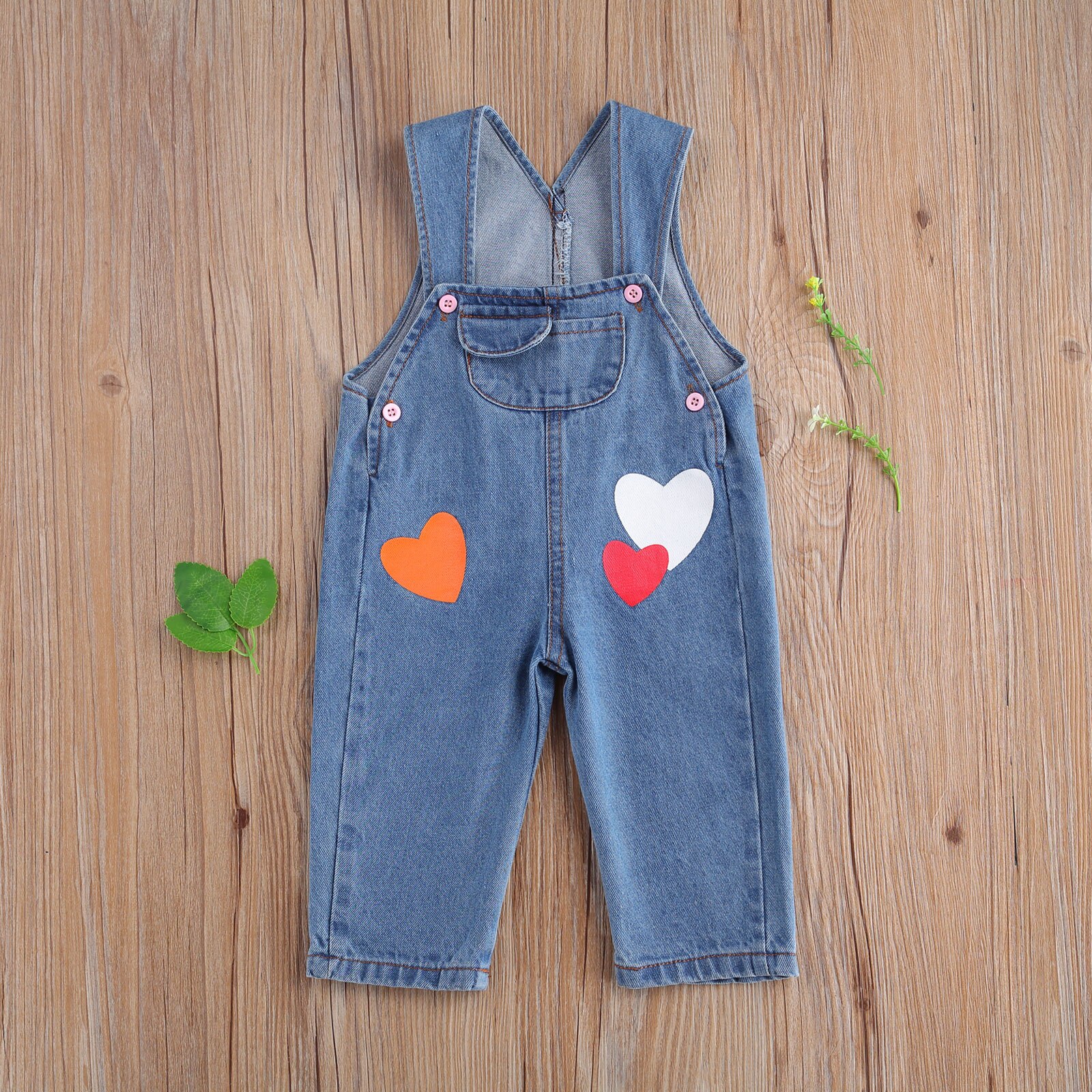 Citgeett Spring Autumn 0-12M Todder Baby Boy Girl Hearts Print Denim Suspender Pants Pockets Jeans Buttons Trousers 2 Colors