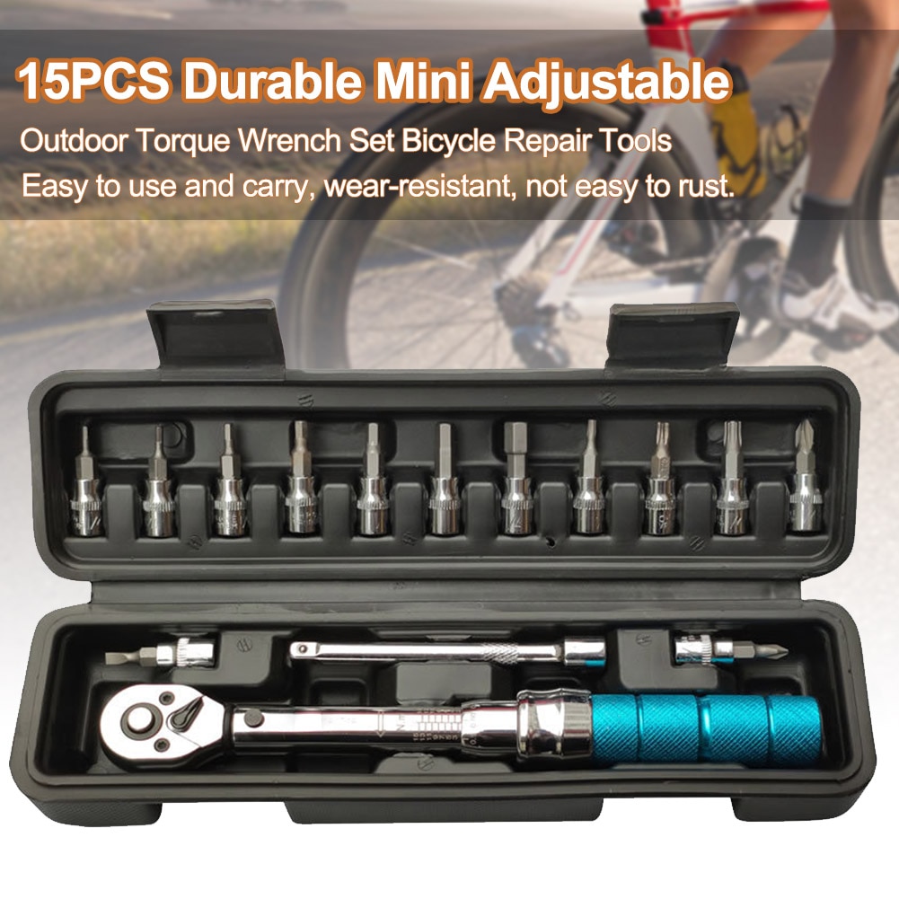 15pcs Cycling Bicycle Repair Tools Steel Outdoor Ratchet Mini Adjustable Socket Allen Key Torque Wrench Set Manual Spanner