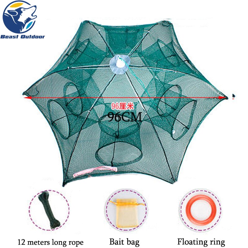 6/8/12/16 Hole Folding Portable Hexagonal Net Fishing Crayfish Fish Automatic Trap Shrimp Carp Catcher Cage Net Net: 12 holes