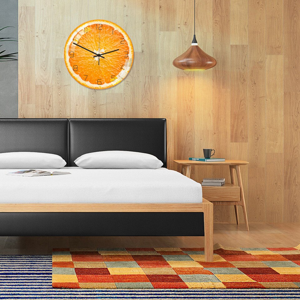 Horloge murale Orange moderne | Montre silencieuse, acrylique, chambre à coucher, salon, horloge de fruits, décor de maison, lasser bairam
