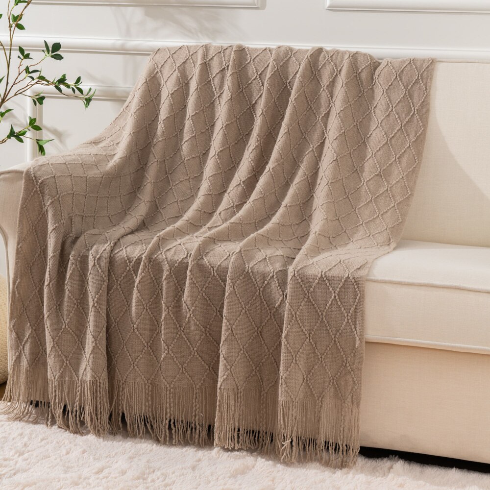 100% Acrylic Knitted Blanket Soft Red Throw Blanket with Tassels Cozy Light Solid Color bedding Blanket: Beige / 127x152cm