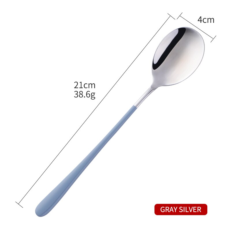 1PCS Korea Spoon Stainless Steel Soup Spoon Long Handle Gold Dessert Spoons Round Dinner Spoon Set Tableware Set: Grey Silver