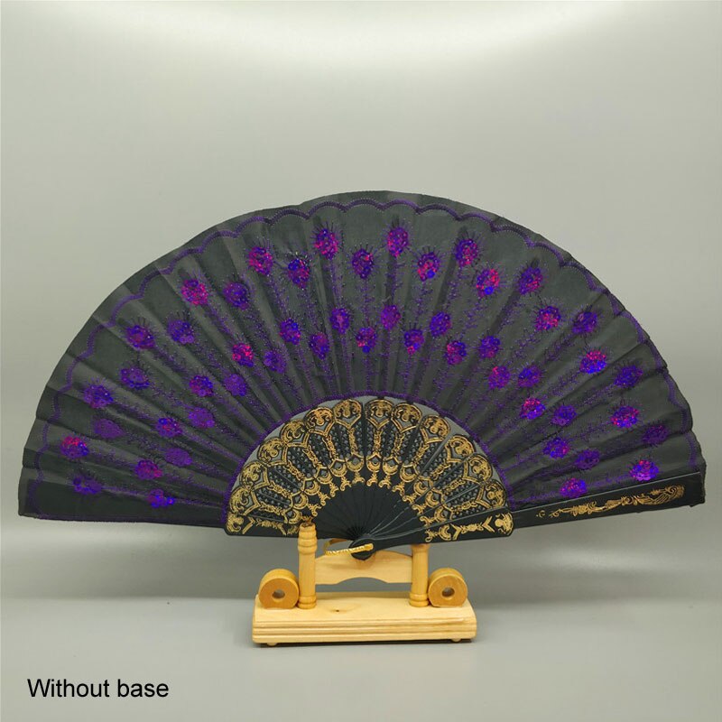 Art Folding Tail Feather Plastic Bone Sequins Carved Hand Fan Summer Accessory Crafts Print Home Decor Embroidery: black purple