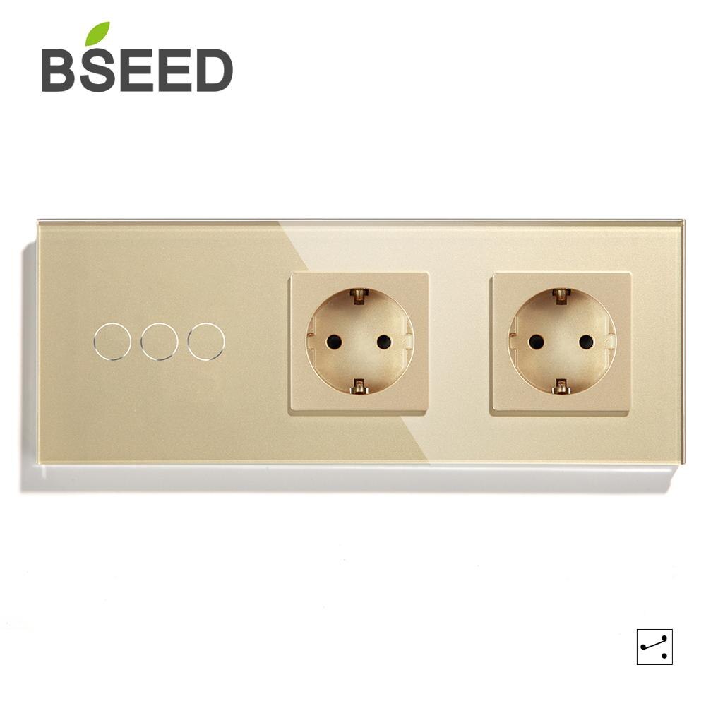 BSEED EU Standard 1 Gang 2Gang 3Gang 1 Weg 2 Weg berühren Schalter Mit Doppel EU Buchse Schwarz weiß Goldene Kristall Glas Tafel: golden 3 Gang / 2 weg
