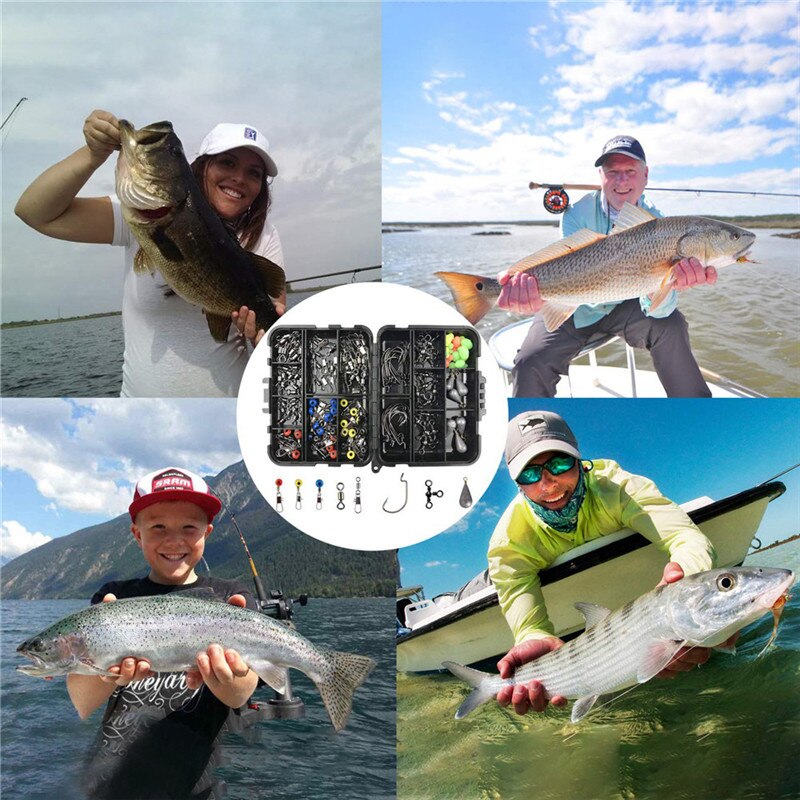 160pcs/box Fishing Accessories Kit, Including Jig Hooks Different Fishing Swivels Snaps Fishing Set with Tackle Box