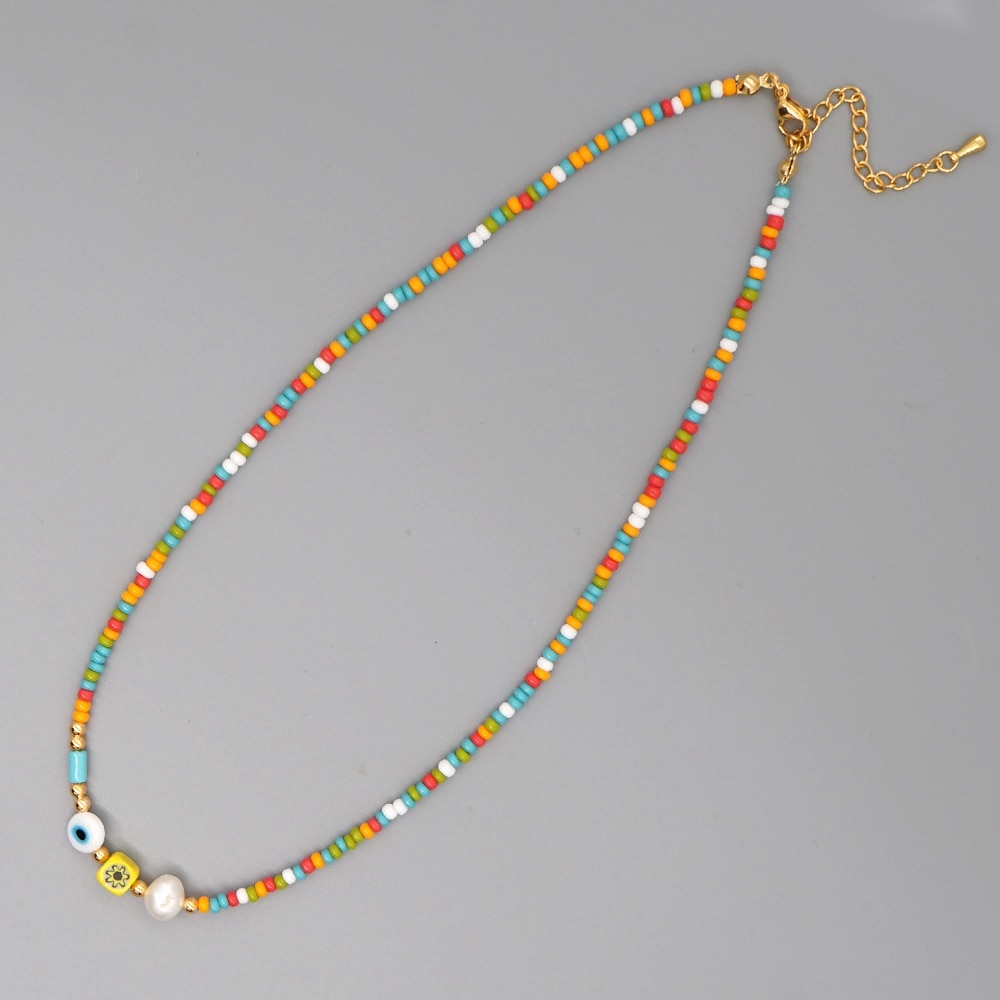 Go2Boho Evil Eye Necklace On Neck Boho Rainbow Seed Beads Pearl Necklaces For Women Jewelry Accesorios Mujer Choker