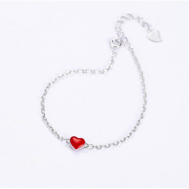 Anenjery Lucky Dubbelzijdig Rood Hart Zilver Kleur Armband Voor Vrouwen Simple Mode Sieraden S-B130