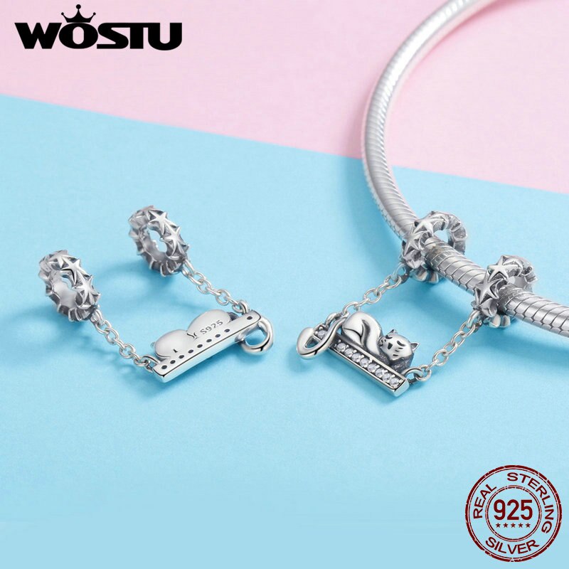 Wostu 925 Sterling Zilver Leuke Kat Liggen Swing Huisdier Charmes Fit Armband Hanger Kraal Vrouwen Mode-sieraden FIC856