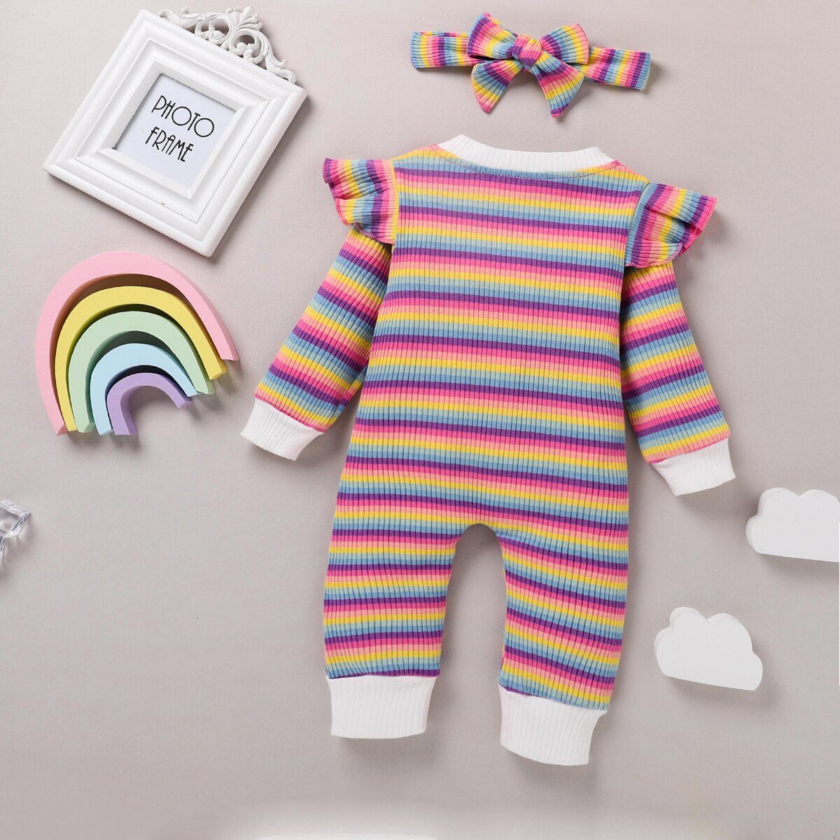 Newborn Baby Girl Boys Clothes Sets Autumn Colorful Striped Long Sleeve Ruffle Romper + Headband 2Pcs Clothes Set 0-18M