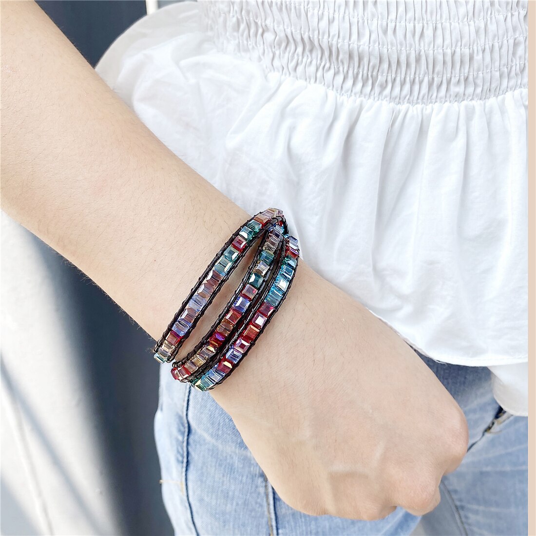 Rainbow Crystal Beads Weaving Handmade Friendship Bracelet Crystal Boho Couple 1 2 3 Wrap Bracelet 7 Chakras Jewelry