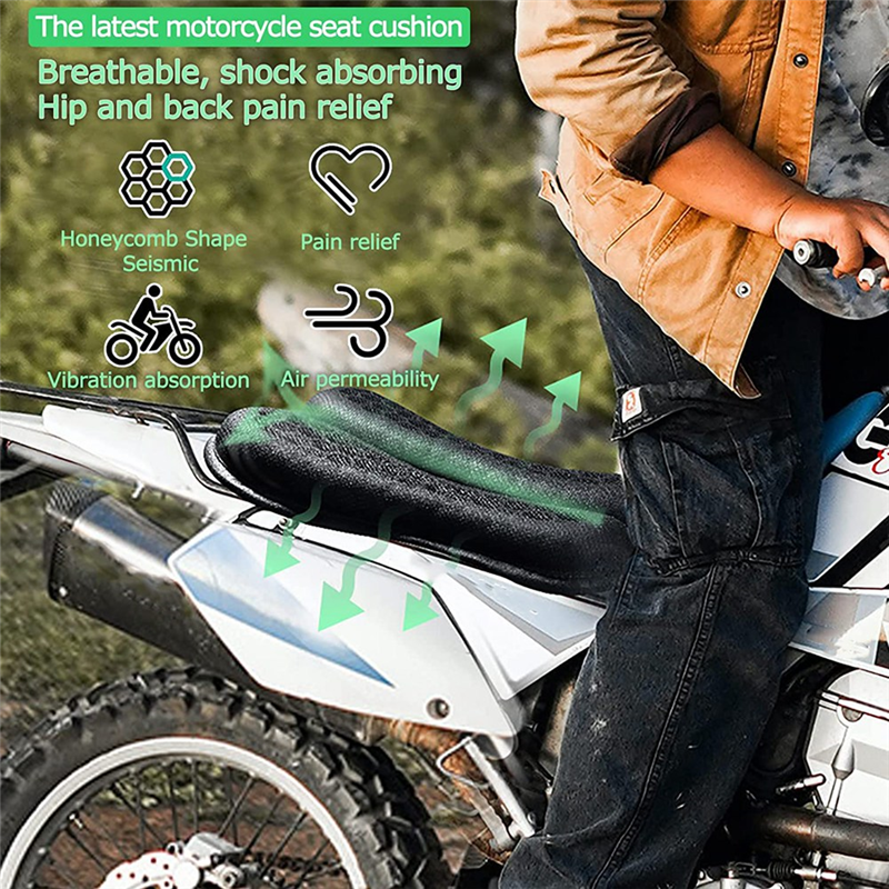 Motorkussen, motorfietsgelpad met 3D honingraat schokabsorberende ademende kussenhoes universeel