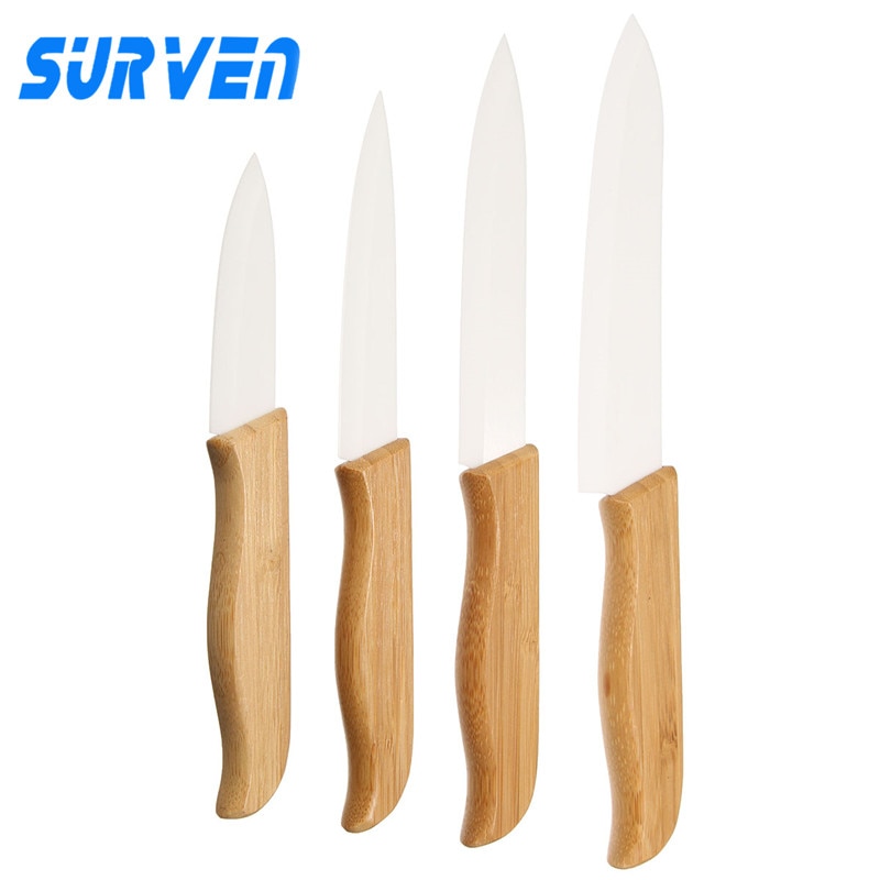 SURVEN-Juego de cuchillos de cerámica de Zirconia, 3 "4" 5 "6" pulgadas, mango de bambú con hoja blanca, frutas y verduras para pelar Kit de cocina, 4 Uds.