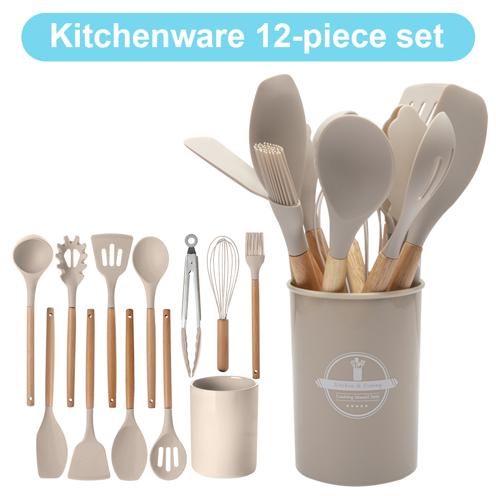 12Pcs Kitchen Utensil Set Cooking Tools Kit with Holder Heat-Resistant Cookware Spatula Spoon Brush Whisk Kitchen Supplies: plum