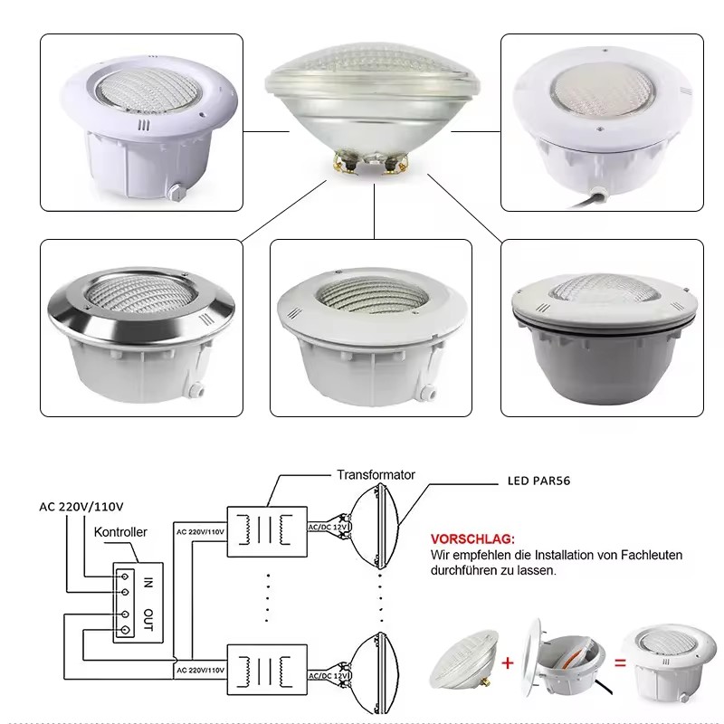 Lámpara subacuática PAR56, 12V, 18W, 35W, 54W, luz de Piscina Fría/cálida/RGB, foco LED impermeable para Piscina