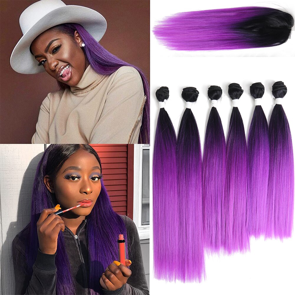 Highlight Synthetic Hair With Lace Closure Weave Bundles Weave Hair Extension Yaki Straight 6 Bundles With Closure SOKU: OM1B-PURPLE