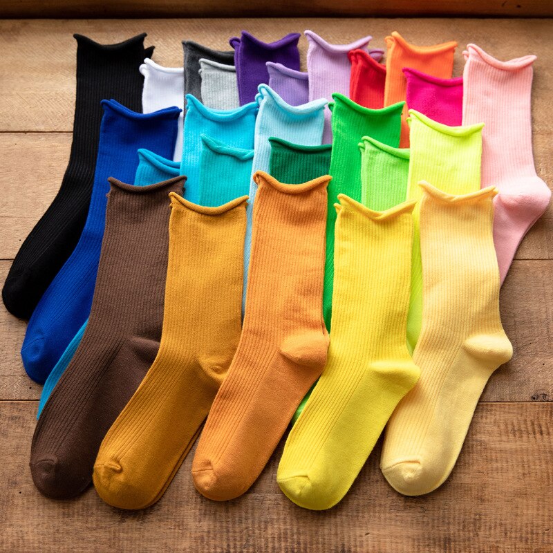 Chaussettes fluorescentes colorées pour femmes, amples, couleur d&#39;hiver, chaudes, confortables, tricotées, chaussettes longues en coton, confortables à rayures