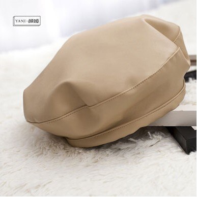 Pu leren baret dames casual winter baret pet hoed voor dames herfst retro muts petten schilderspet platte hoge hoed: Khaki