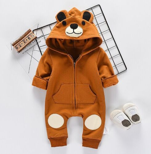 Boiiwant Schattige Beer Pasgeboren Baby Baby Boy Girl Kid Oor Hooded Romper Rits Cartoon Patchwork Jumpsuit Kleding Outfit Voor 0-24M