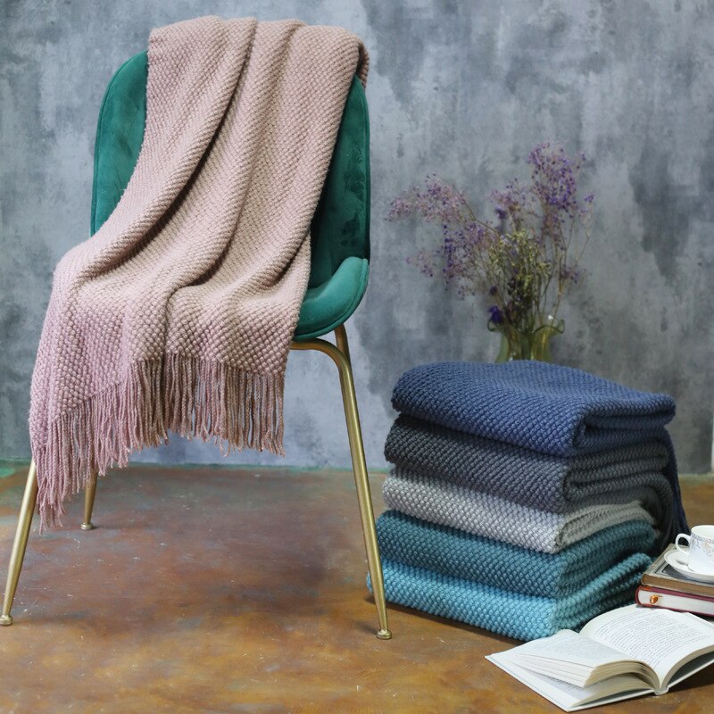 Frynser dusker elegant morandi farge nordisk strikketeppe sengeteppet lenestol sofa kaste