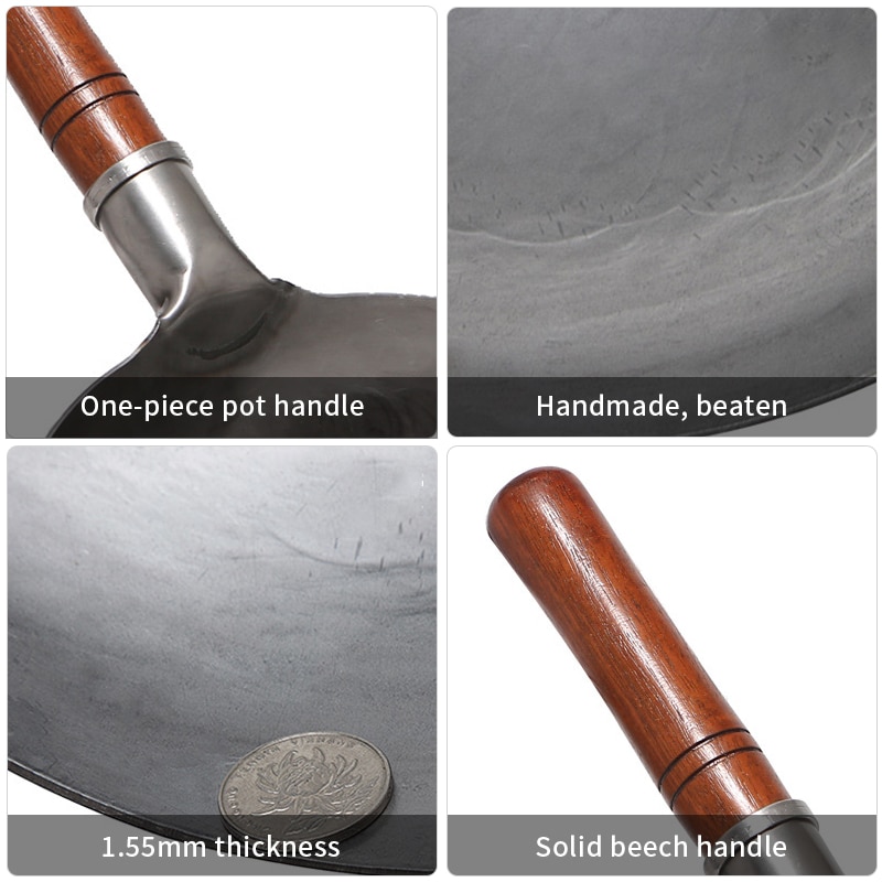 Konco Chinese Traditionele Hand Geslagen Wok, Geen Coating Ijzeren Wok Met Houten Handvat, non-stick Pan Keuken Kookgerei