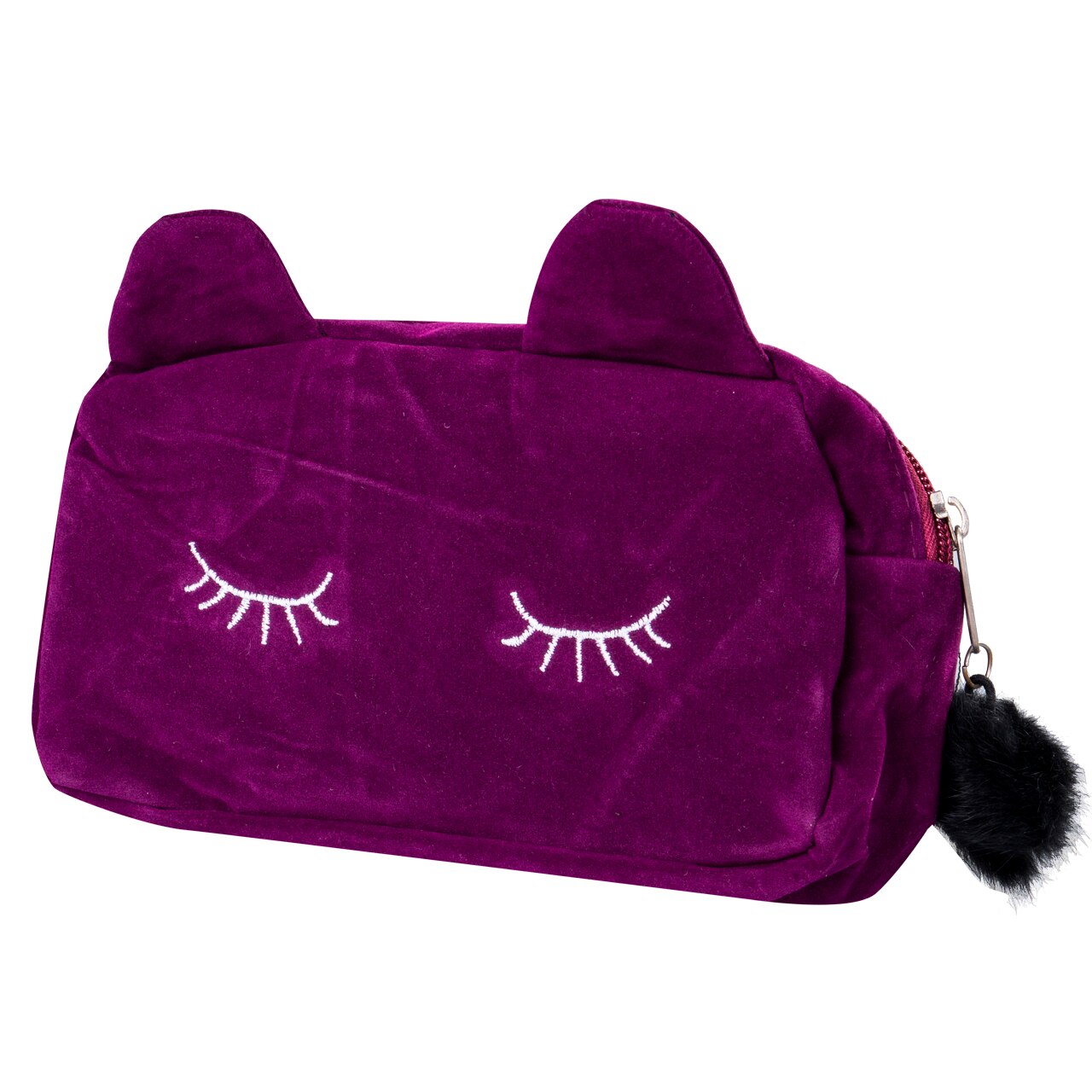 Bolsa de maquillaje negra con Gato de dibujos animados, caja con cremallera, cosméticos, papelería escolar, bolsa de terciopelo, bolsa de viaje, bolsa de maquillaje: Púrpura