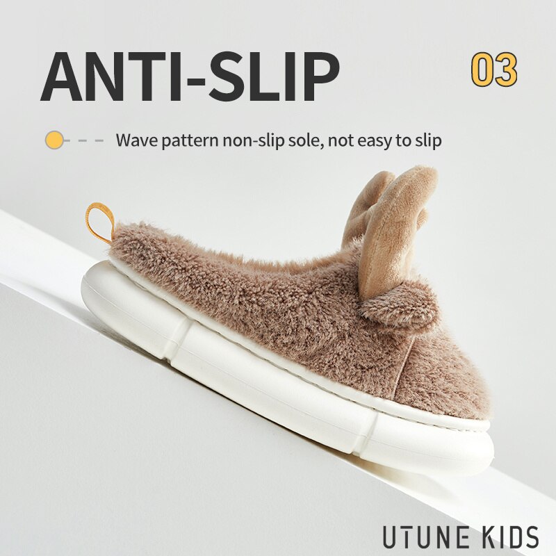 UTUNE KIDS - Zapatillas de Navidad de alce para niños, zapatos esponjosos de dibujos animados para niños mayores de 2/3/4/5, Casa con plataforma cálida