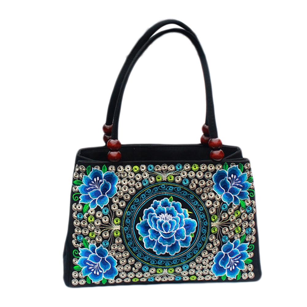 Women's Tote Bag - Floral Embroidered Canvas - Zipper Closure - Shoulder Top-Handle - Vintage Style: D