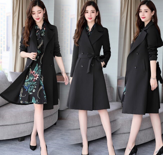 Frühling Herbst Damen Kleid Anzüge Für Büro Tragen Lange Graben Mantel Und Knie Länge Kleid 2 Stück Set Frauen Formale kleider Anzug: Black / XXL