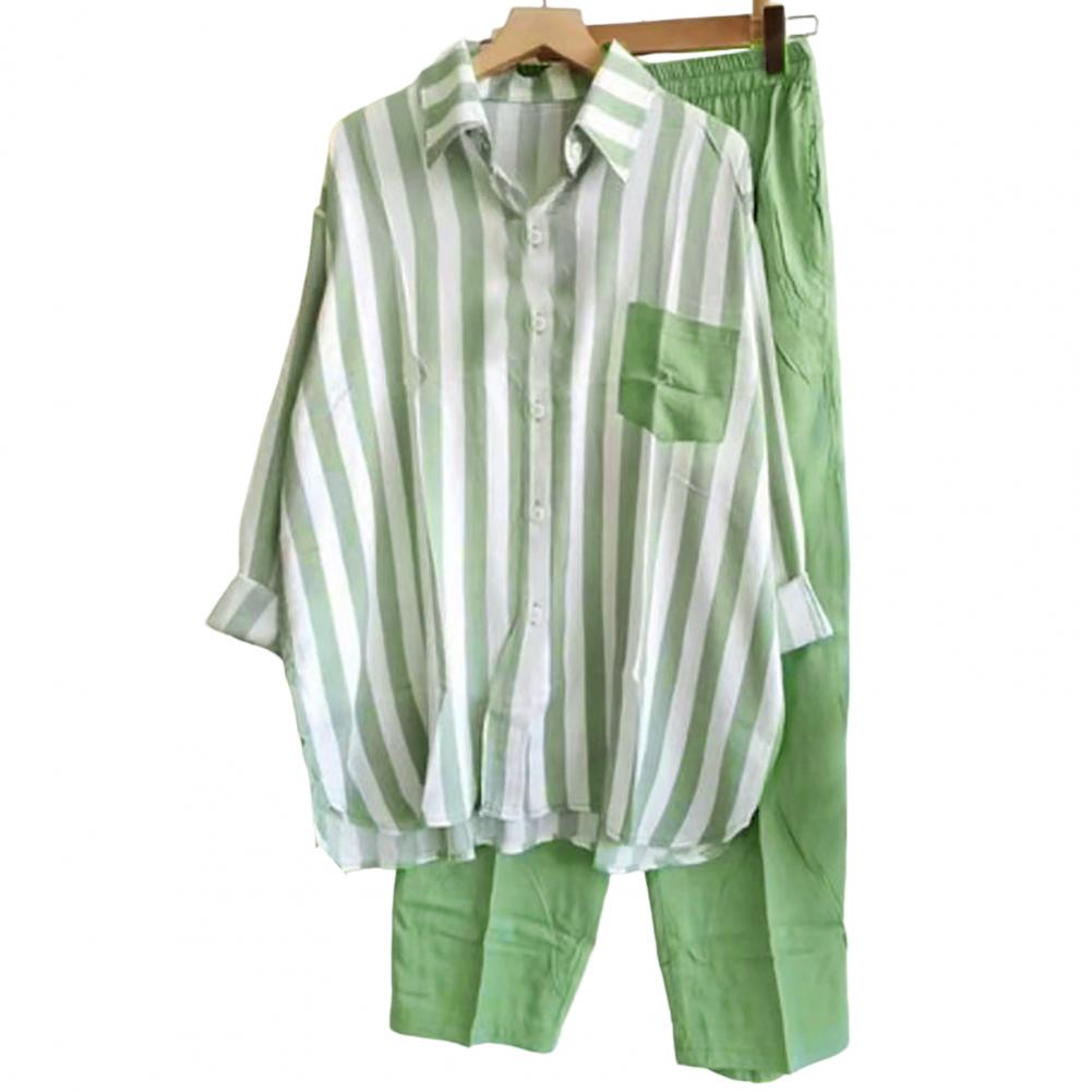 2Pcs/Set Women Outfit Shirt Pants Set Casual Elastic Waist Breathable Stripes Blouse Pants Suits Spring Summer Women Set: M / green