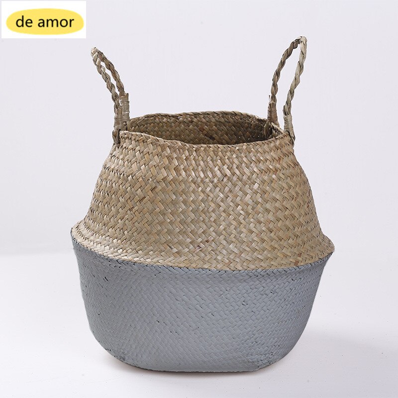 Storage Basket Wicker Planter Flower Baskets Laundry Storage Decorative Basket Pot Rattan Flower Planters Household OrganizerM18: Grey Bottom