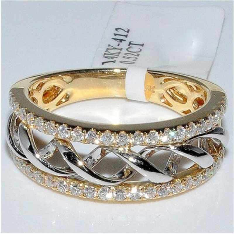 HUITAN Geometric Women Ring Luxury Golden Color Dazzling Cubic Zircon Engagement Ring For Women Hollow Jewelry Ring: 10