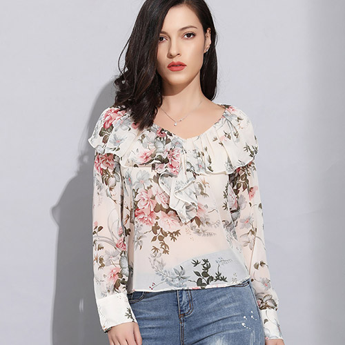 klasyczny szyfonowa bluzka z falbanami elegancki kwiatowy szczyt V szyja bluzki damskie dla kobiet biuro kobiety bluzki koszule z długim rękawem zwykły: S