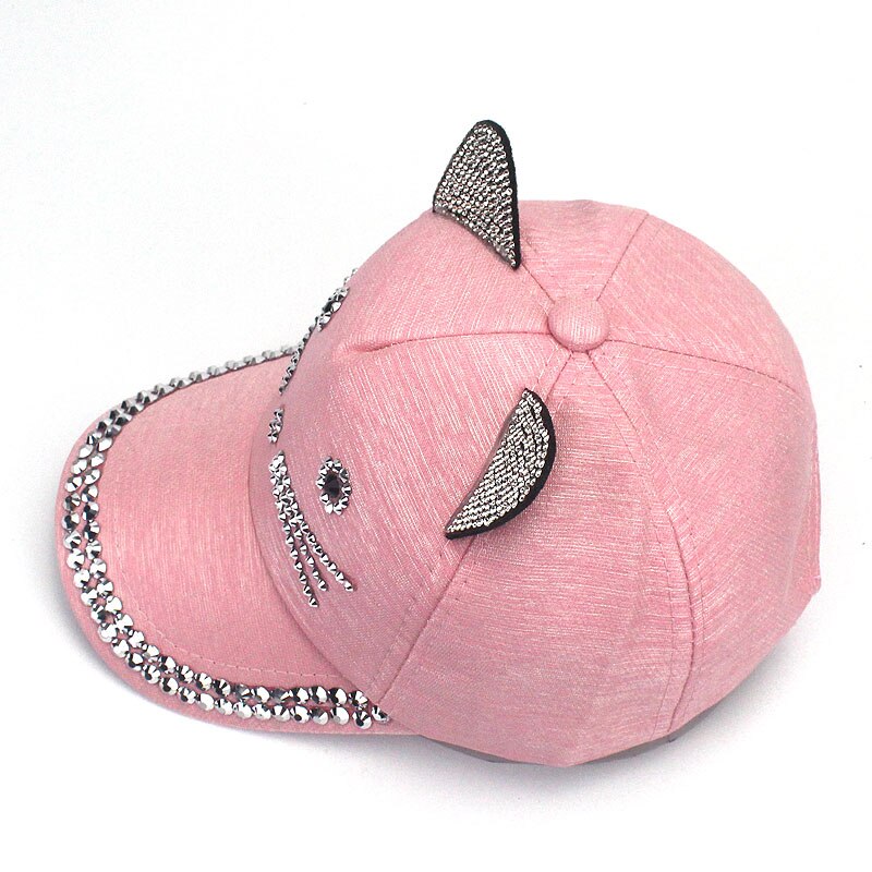Gorra de béisbol con orejas de gato y diamantes para niña, gorro de béisbol con orejas bonitas, ajustable, Hip Hop, Snapback, para verano