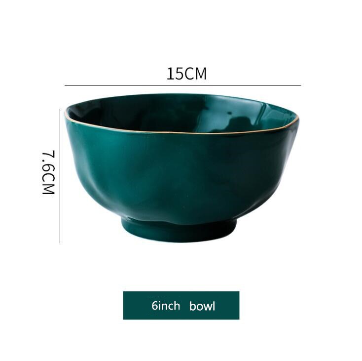 Gold Side Green Plate Tableware Bright Light Steak Dish Dessert Tray Rice Salad Noodles Bowl Dinner Plates Ceramic Dishes 1 PC: 6 inch bowl