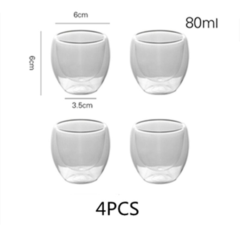 Dobbeltvegget Glasskopp Sett 80-450ml - Håndlaget Te, espresso Krus - Gjennomsiktig: 4 stk -80ml