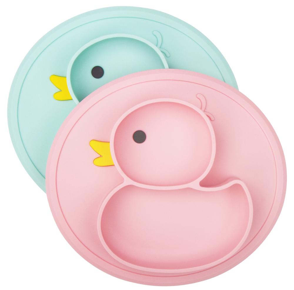 Qshare, 2 uds., platos para bebés, platos de pato, tapete de silicona, charola de succión, antideslizante, platos de comida para niños, platos de alimentación de frutas para bebés: Cyan and Pink