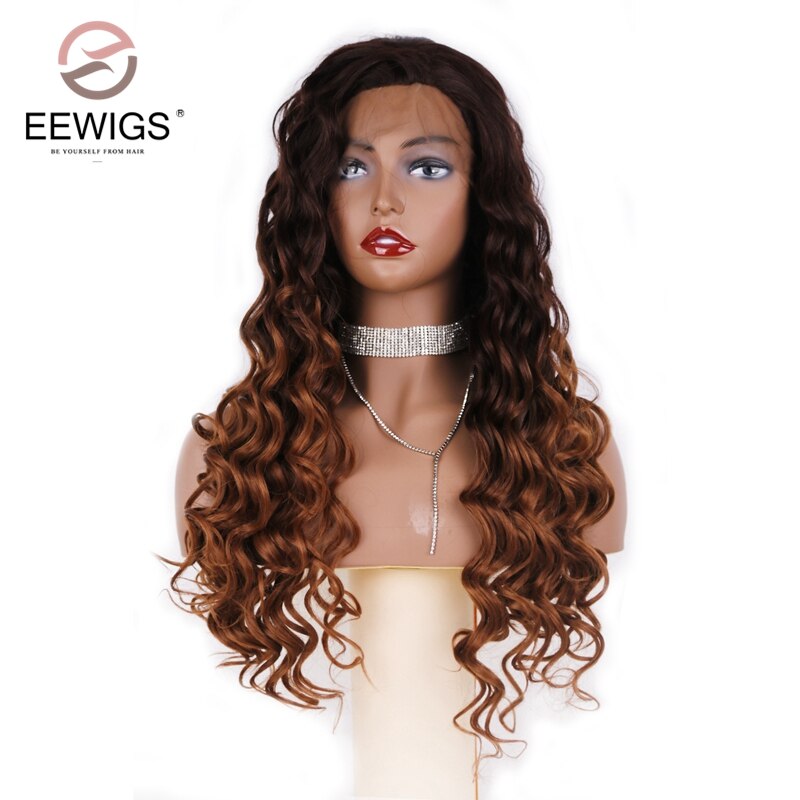 Peluca con malla frontal EEWIGS Ombre marrón con línea de pelo Natural pelucas sintéticas onduladas sueltas resistentes al calor de densidad 180% para mujeres negras