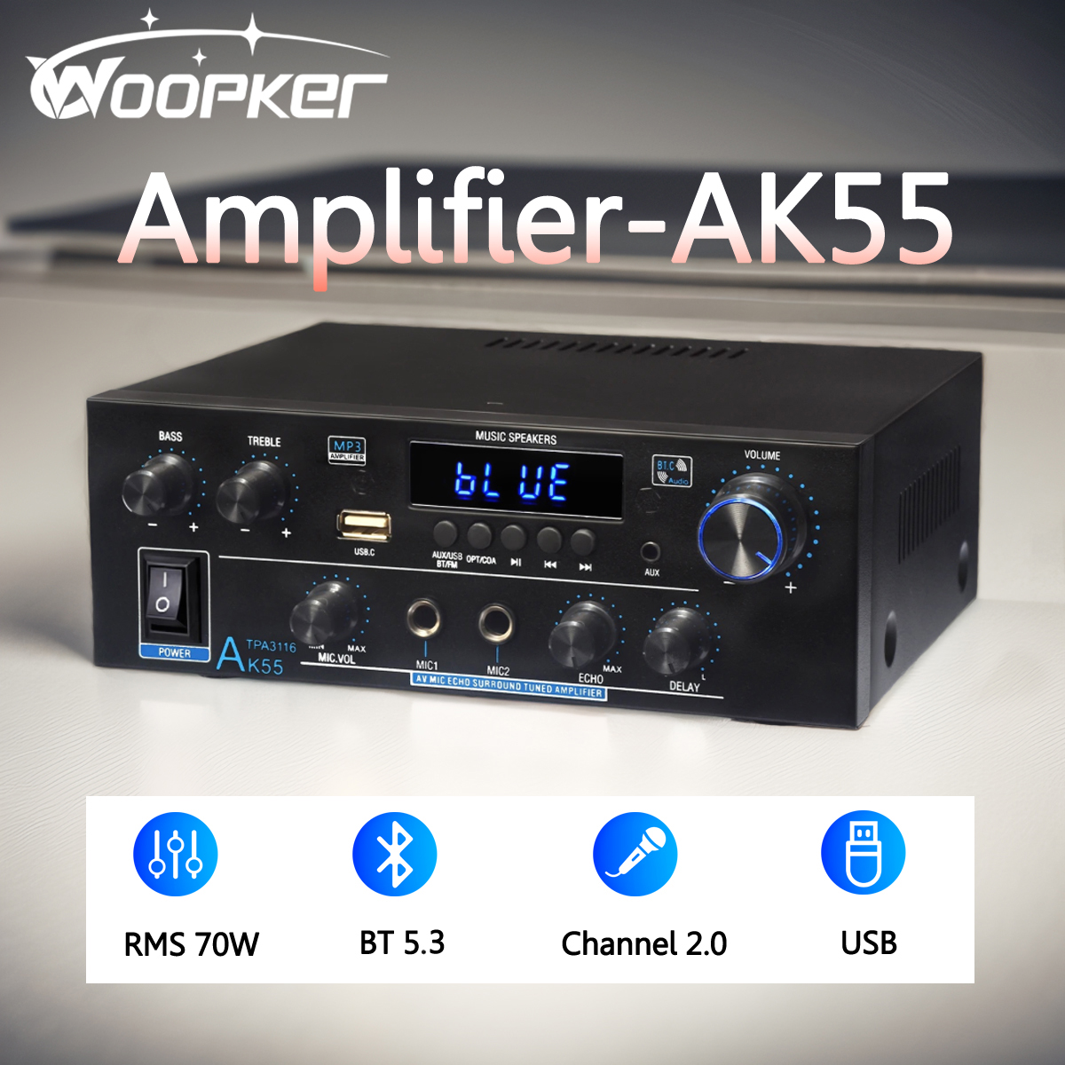 Woopker Wzmacniacz audio AK55 HiFi Stereo Channel2.0 RMS70W*2 Bluetooth 5.3 Obsługa AUX/OPT/RCA Zasilany subwoofer Wzmacniacz mocy