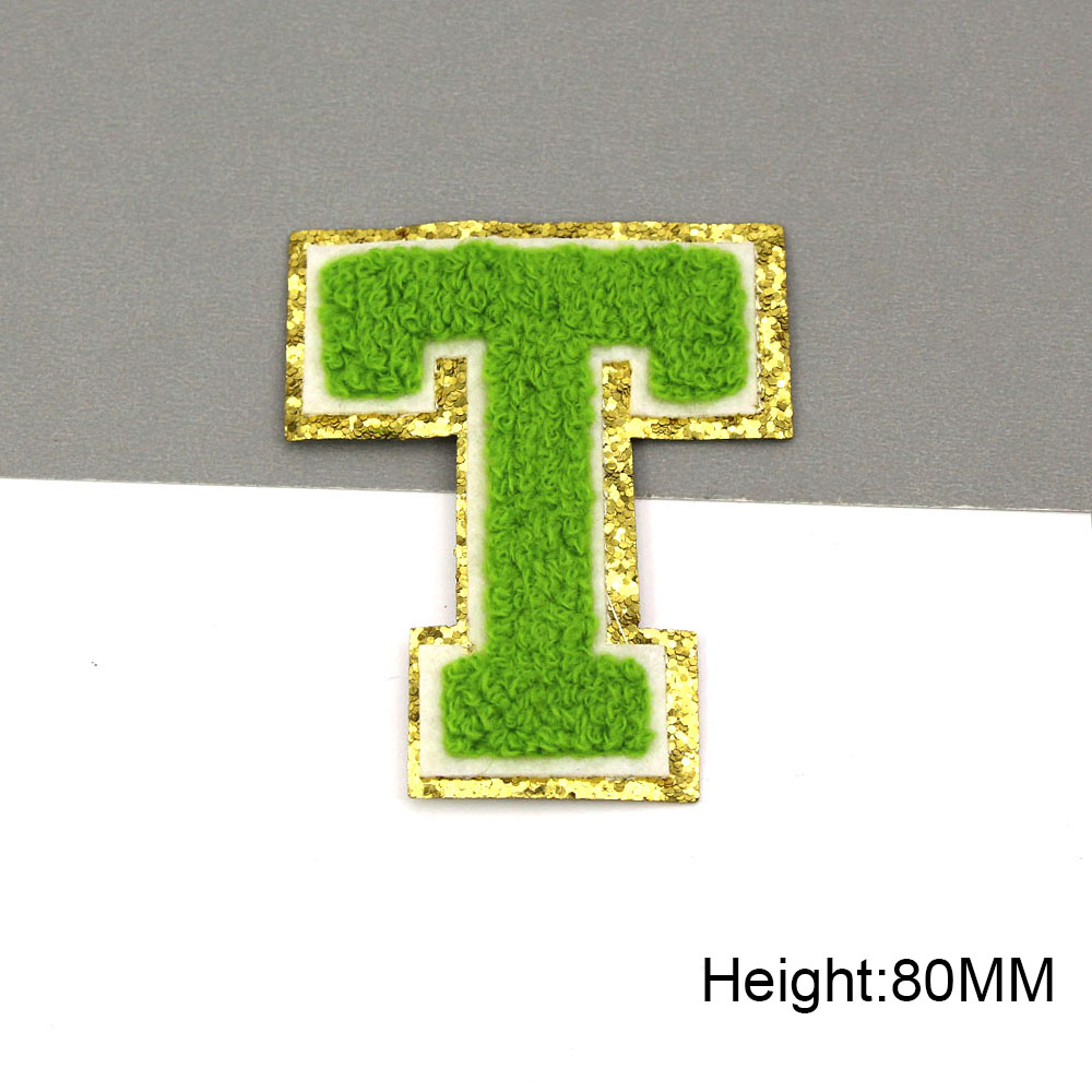 Parche bordado con letras verdes para ropa de niños, parche para planchar, bolsos, Jeans, apliques de chenilla, nombre DIY, 80MM: green