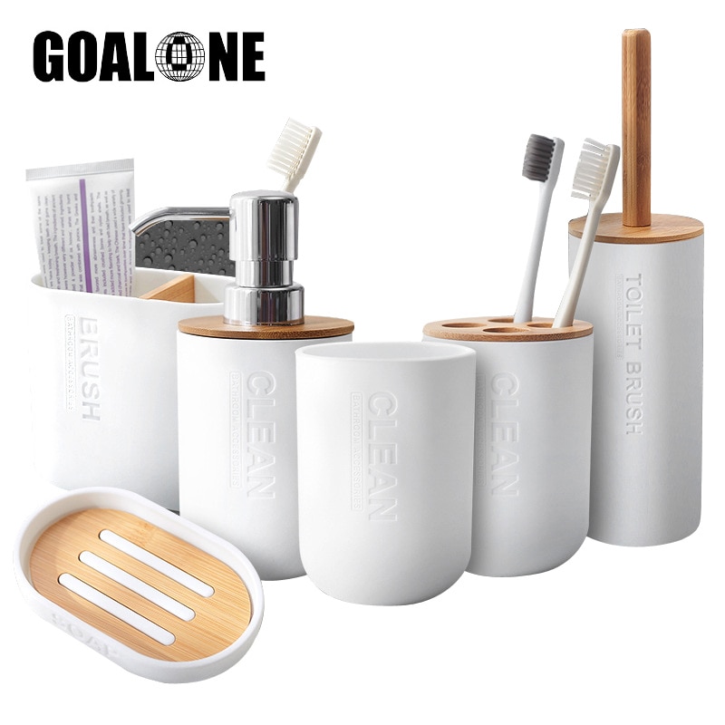 GOALONE Bamboo Bathroom Accessories Toothbrush Holder Soap Dispenser Toilet Brush Bathroom Set Bathroom Decoration Accessories