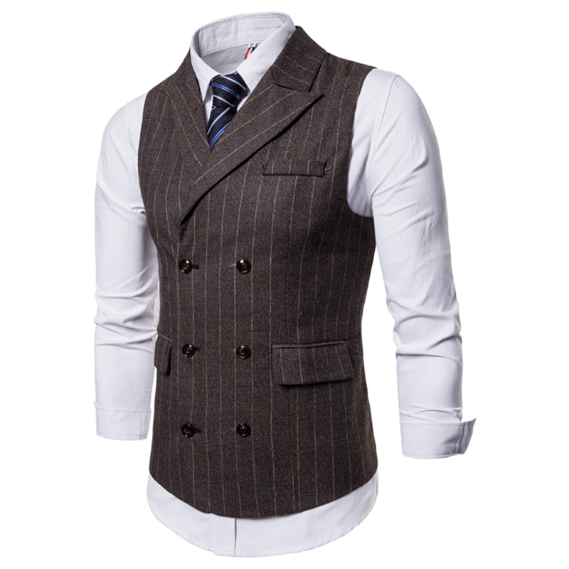 Heren Mouwloos Pak Vest Herfst en Winter Retro Piek-revers Streep Mannelijke Toevallige Double-Breasted Vest