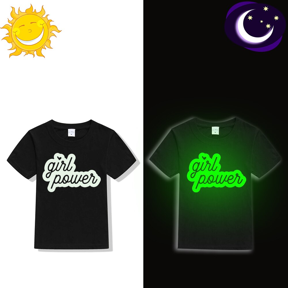 Barn flickor sommar nattlysande t-shirt girl power print glöd i mörka kläder roliga barn självlysande kortärmade t-shirts toppar: 49 t 7- kstbk- / 4t