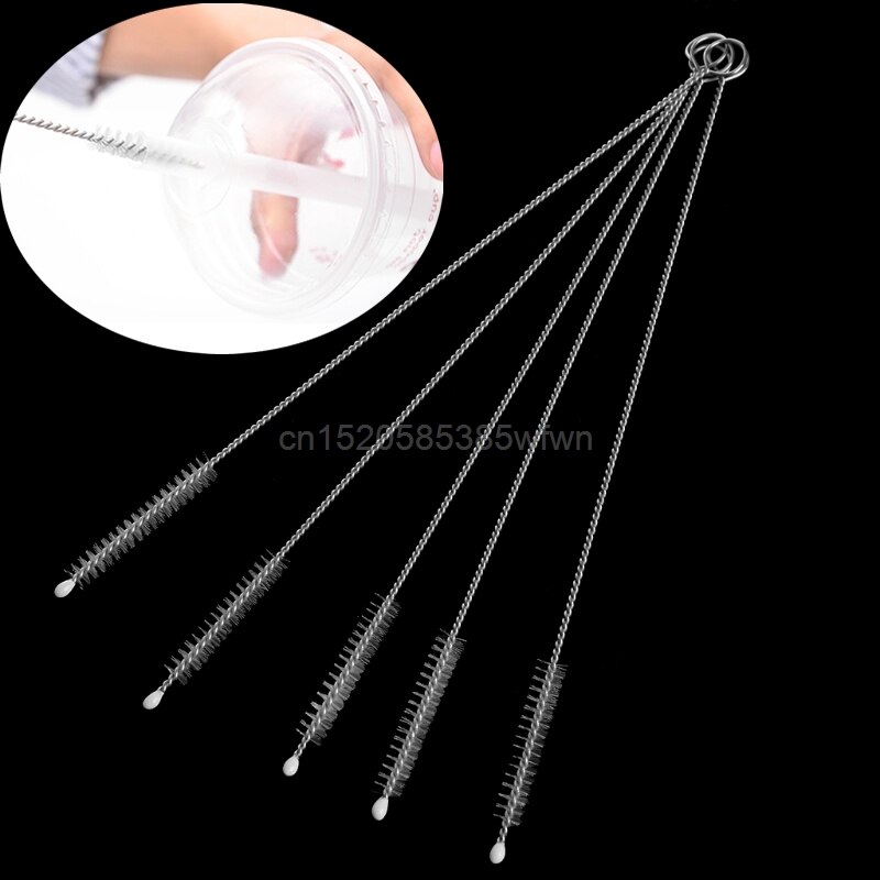 5 pz/lotto 17cm biberon per latte per bambini bere tazza d&#39;acqua lavaggio paglia spazzola detergente manico in acciaio inossidabile spirale capelli morbidi puliti