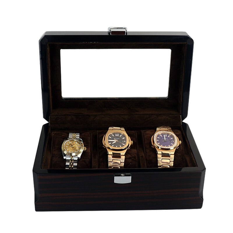 3 Slots Luxury Wood Watch Box Case Organizer with Lock Jewelry Storage Holder Case: 3