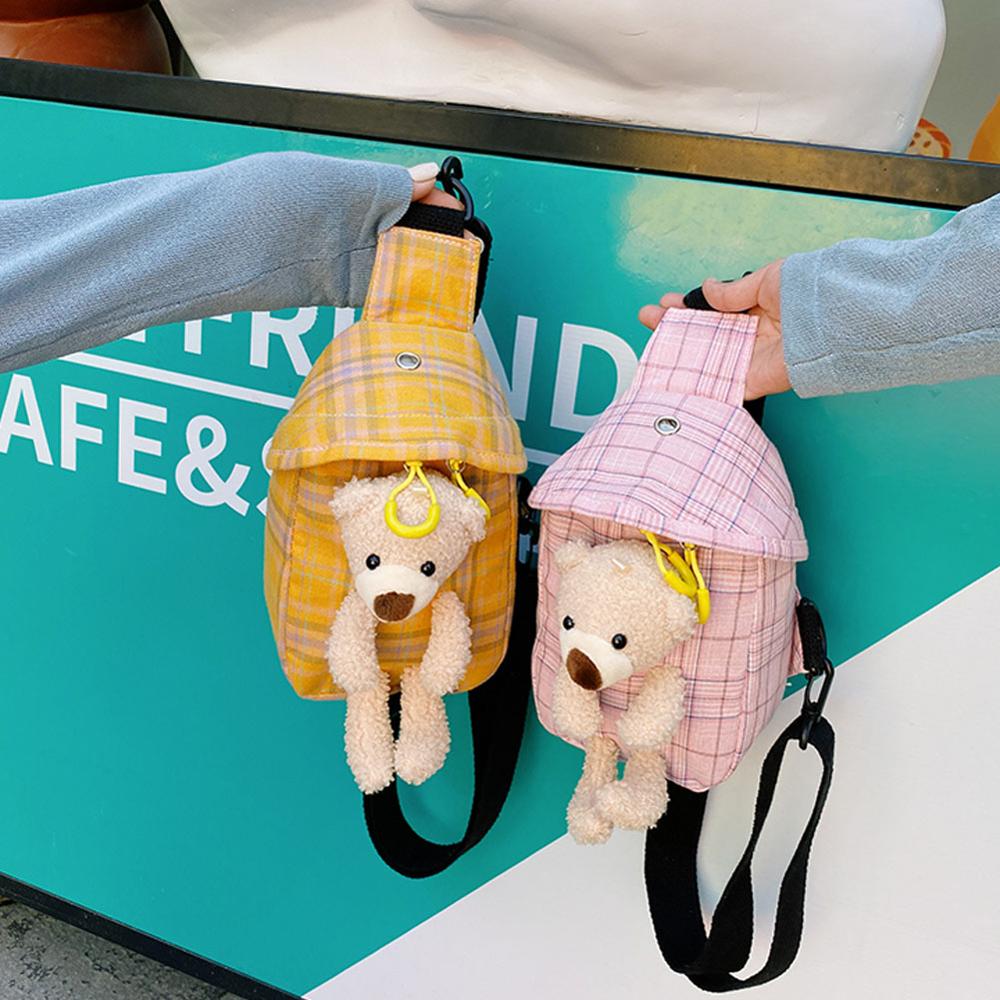 Mode Vrouwen Schattige Beer Gecontroleerd Messenger Tas Dames Canvas Tas Plaid Patroon Borst Tas Schoudertas