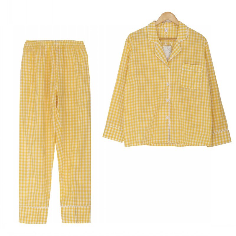 Kvinner pyjamas dress rutete gul rød svart 2 stk sett langermet topp + bukser elastisk midje kant pyjamas  s7 n 102: Gul rutete / S